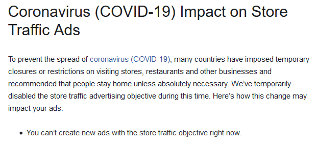 Coronavirus: Facebook Ads drive to store